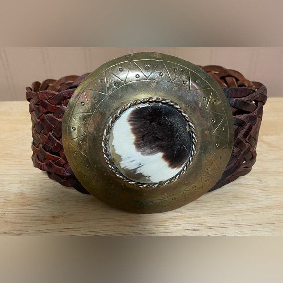Vintage Braided Leather Belt With Brass With Stone In Middle  Made In Morraco 41 - Picture 1 of 5